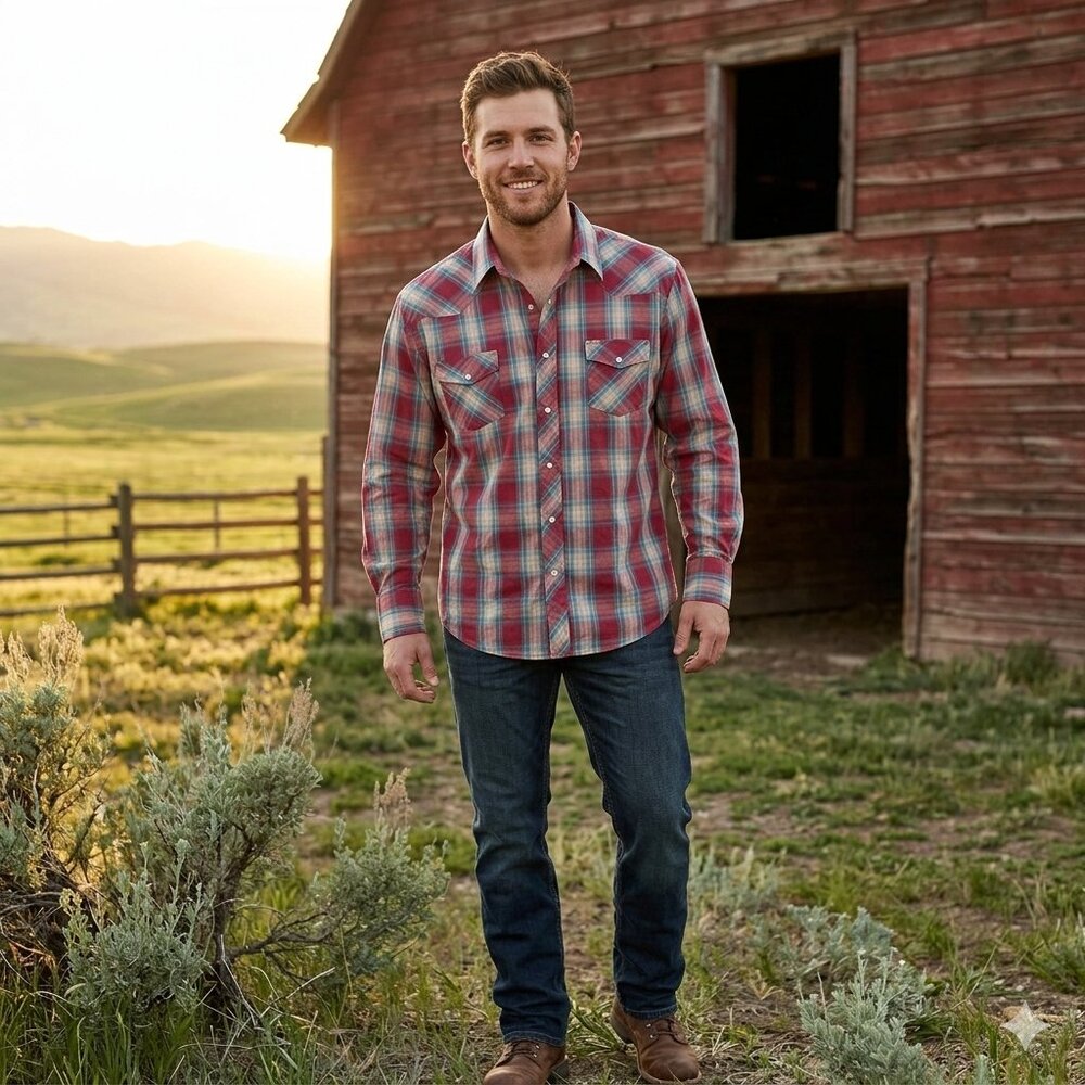 Roper Western Pearl Snap Shirt | Men's 2XL | Red & Blue Plaid Metallic